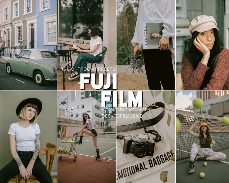 May include: A collage of images showcasing 15 Lightroom presets for a Fuji film aesthetic. The presets are designed for desktop and mobile use. The images include a vintage car, a woman in a brown sweater, a woman in a white shirt, a woman in a black shirt, and a woman in a white shirt playing tennis.