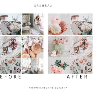May include: Before and after photo editing comparison. The before image shows a variety of items including a pink and white yarn ball, a bouquet of pink flowers, a wicker basket, and a white dress. The after image shows the same items with enhanced colors and lighting.