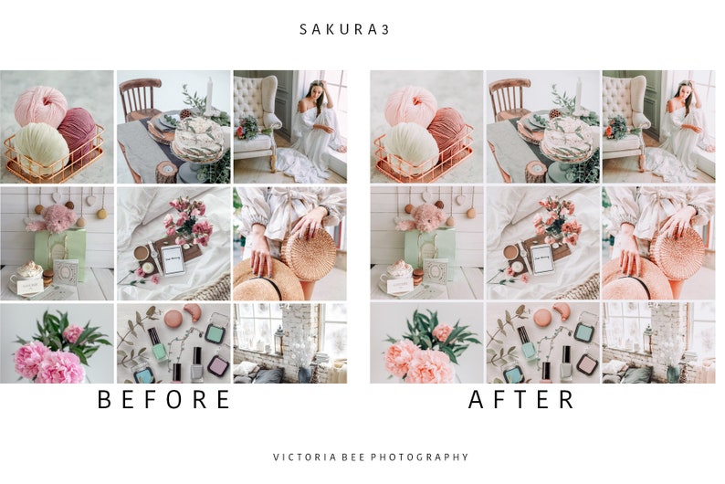 May include: Before and after photo editing comparison. The before image shows a variety of items including a pink and white yarn ball, a bouquet of pink flowers, a wicker basket, and a white dress. The after image shows the same items with enhanced colors and lighting.