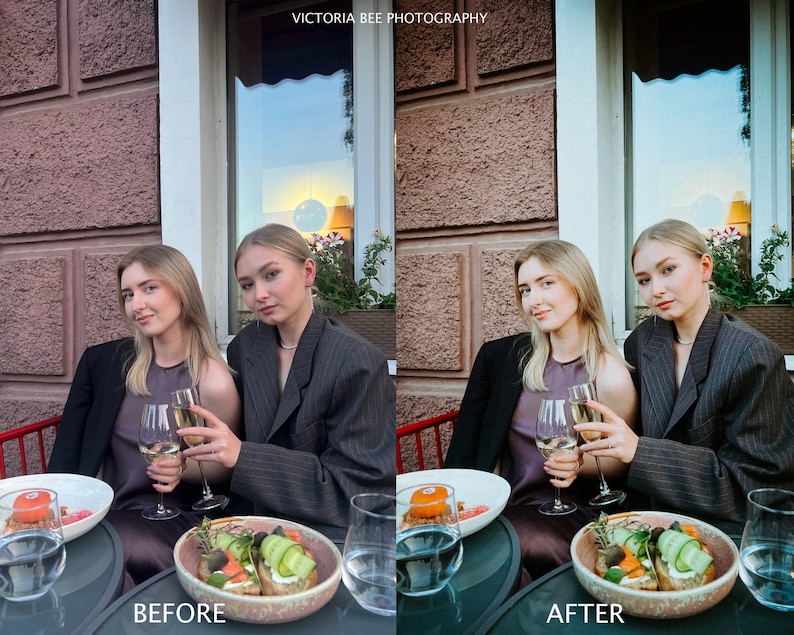 May include: Two people are sitting at a table outside a restaurant. They are both wearing blazers and have glasses of wine in front of them. There is a plate of food in front of each person. The text "VICTORIA BEE PHOTOGRAPHY" is visible in the top center of the image.
