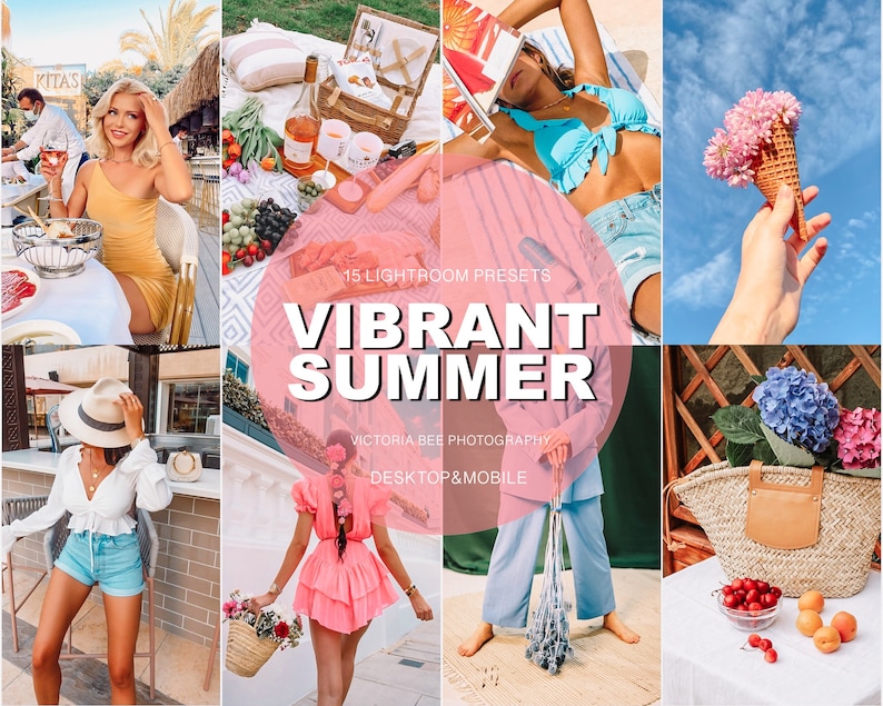 May include: A collage of summer-themed images featuring a woman in a yellow dress, a woman in a blue bikini, a woman in a pink dress, a woman in a blue shirt, a picnic basket, a basket of fruit, a cone of ice cream, and a wicker basket with flowers. The text "15 Lightroom Presets Vibrant Summer Victoria Bee Photography Desktop & Mobile" is displayed in the center of the collage.