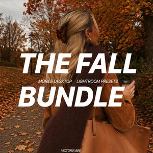 May include: A digital product advertisement featuring the text THE FALL BUNDLE MOBILE DESKTOP LIGHTROOM PRESETS VICTORIA BEE overlaid on a scene of a person with blonde hair wearing a brown jacket and scarf, carrying a tan tote bag in an autumn park.