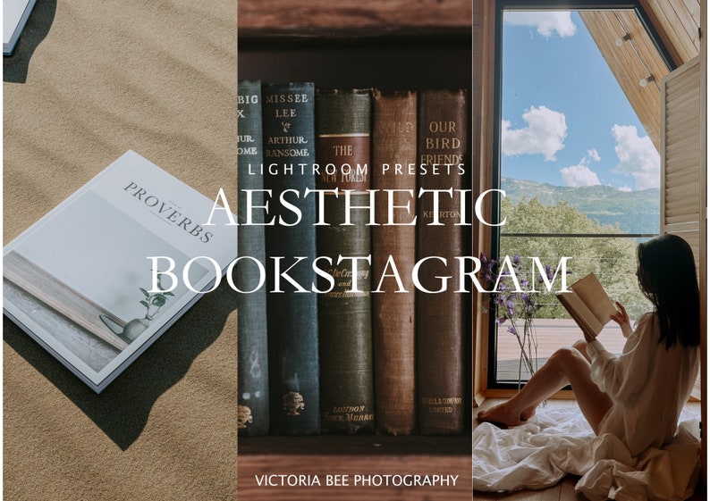 May include: A collection of Lightroom presets for creating aesthetic bookstagram photos. The presets are designed to enhance the colors and tones of your photos, making them look more professional and polished. The image shows a bookshelf with a variety of books, a person reading a book by a window, and a book lying on a table. The text on the image reads "Lightroom Presets Aesthetic Bookstagram Victoria Bee Photography."