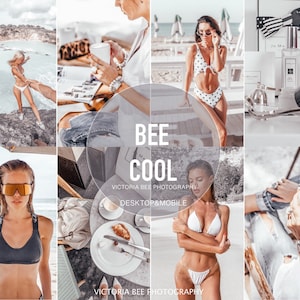 May include: A collage of images featuring a woman in a white bikini, a woman in a white and black polka dot bikini, a woman in a white bikini top and white bottoms, a woman in a white shirt and jeans, a woman in a black sports bra and jeans, and a woman in a white shirt and jeans. The collage also features a cup of coffee, a glass of water, and a bottle of perfume. The text "BEE COOL" is featured in the center of the collage.