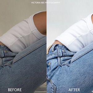 May include: A before and after image showing the difference in color and brightness of a photo. The image on the left is darker and less vibrant, while the image on the right is brighter and more vibrant. The image shows a person wearing a white tank top and blue jeans.