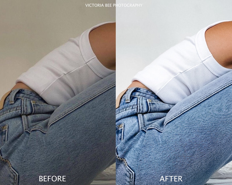 May include: A before and after image showing the difference in color and brightness of a photo. The image on the left is darker and less vibrant, while the image on the right is brighter and more vibrant. The image shows a person wearing a white tank top and blue jeans.