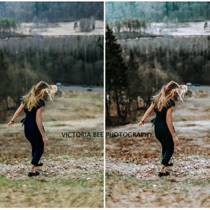 May include: A woman with long blonde hair is standing on a grassy hill with trees in the background. She is wearing a dark blue jumpsuit and black shoes. The text "VICTORIA BEE PHOTOGRAPHY" is visible in the lower right corner of the image.
