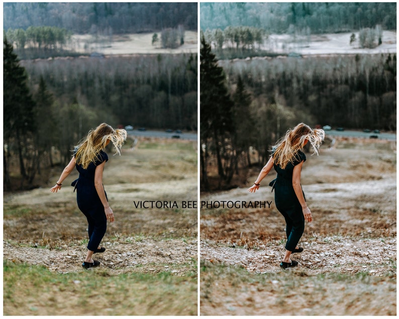 May include: A woman with long blonde hair is standing on a grassy hill with trees in the background. She is wearing a dark blue jumpsuit and black shoes. The text "VICTORIA BEE PHOTOGRAPHY" is visible in the lower right corner of the image.