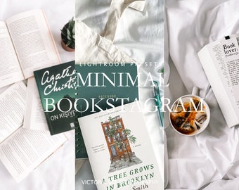 May include: A flat lay image of a bookstagram setup with a white background. The image features a book titled "A Tree Grows in Brooklyn" by Victoria Smith, a notebook, a cup of coffee, and a book by Agatha Christie. The text "LIGHTROOM PRESETS MINIMAL BOOKSTAGRAM" is superimposed on the image.