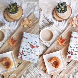 May include: A flat lay image of a cozy autumn scene with a book titled "The Travelling Cat Chronicles" by Hiro Arikawa, a cup of coffee, a donut, and fall leaves on a wooden surface.