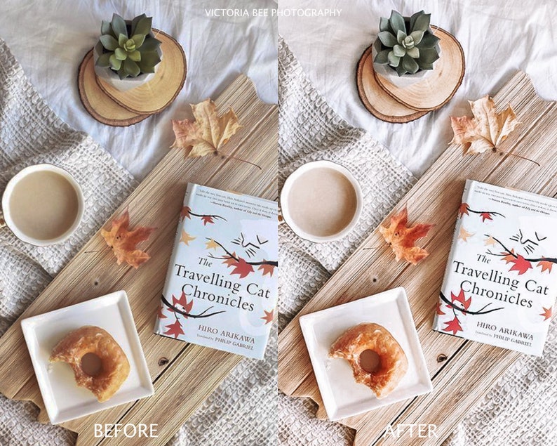May include: A flat lay image of a cozy autumn scene with a book titled "The Travelling Cat Chronicles" by Hiro Arikawa, a cup of coffee, a donut, and fall leaves on a wooden surface.