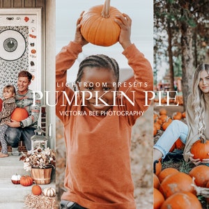 Può includere: Un set di tre preset Lightroom chiamati "Pumpkin Pie" di Victoria Bee Photography. I preset sono progettati per migliorare le foto a tema autunnale, come mostrato nelle immagini di persone che tengono zucche e un campo di zucche.