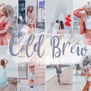 May include: A collage of photos showcasing different people in various settings. The photos are edited with a cool toned filter and the text "Cold Brew Mobile Lightroom Presets" is superimposed over the images.