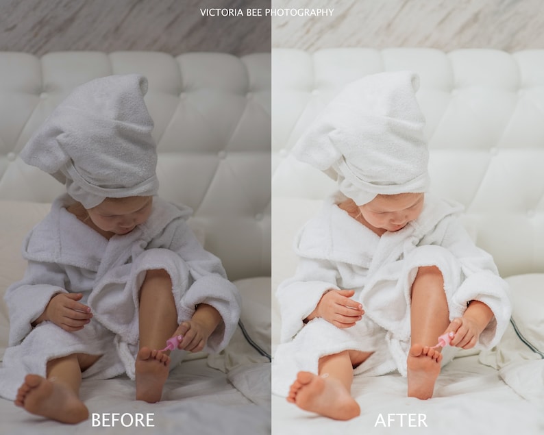 Pode incluir: Uma crian&ccedil;a pequena vestindo um roup&atilde;o branco e uma toalha branca na cabe&ccedil;a est&aacute; sentada em um sof&aacute; branco e pintando as unhas dos p&eacute;s de rosa.