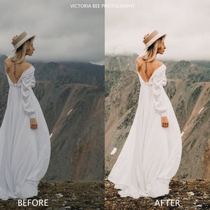 Puede incluir: Una mujer con un vestido blanco y un sombrero de ala ancha se encuentra en la cima de una monta&ntilde;a con vistas a un valle. La imagen se divide en dos secciones, mostrando los efectos antes y despu&eacute;s de la edici&oacute;n de fotos.