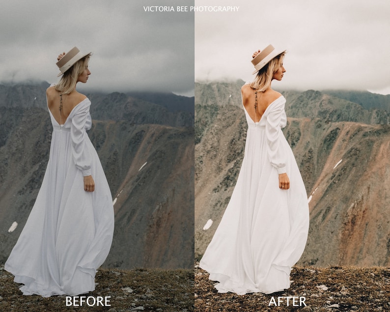 Puede incluir: Una mujer con un vestido blanco y un sombrero de ala ancha se encuentra en la cima de una monta&ntilde;a con vistas a un valle. La imagen se divide en dos secciones, mostrando los efectos antes y despu&eacute;s de la edici&oacute;n de fotos.