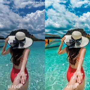 May include: A woman in a red swimsuit and a white sun hat with a black bow walks towards the camera in shallow turquoise water. A boat is docked in the background. The sky is blue with white clouds. The text "BEFORE" is at the bottom left of the image and "AFTER" is at the bottom right.