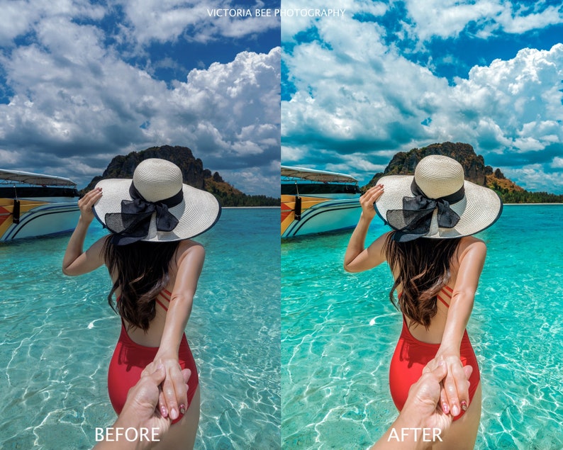 May include: A woman in a red swimsuit and a white sun hat with a black bow walks towards the camera in shallow turquoise water. A boat is docked in the background. The sky is blue with white clouds. The text "BEFORE" is at the bottom left of the image and "AFTER" is at the bottom right.