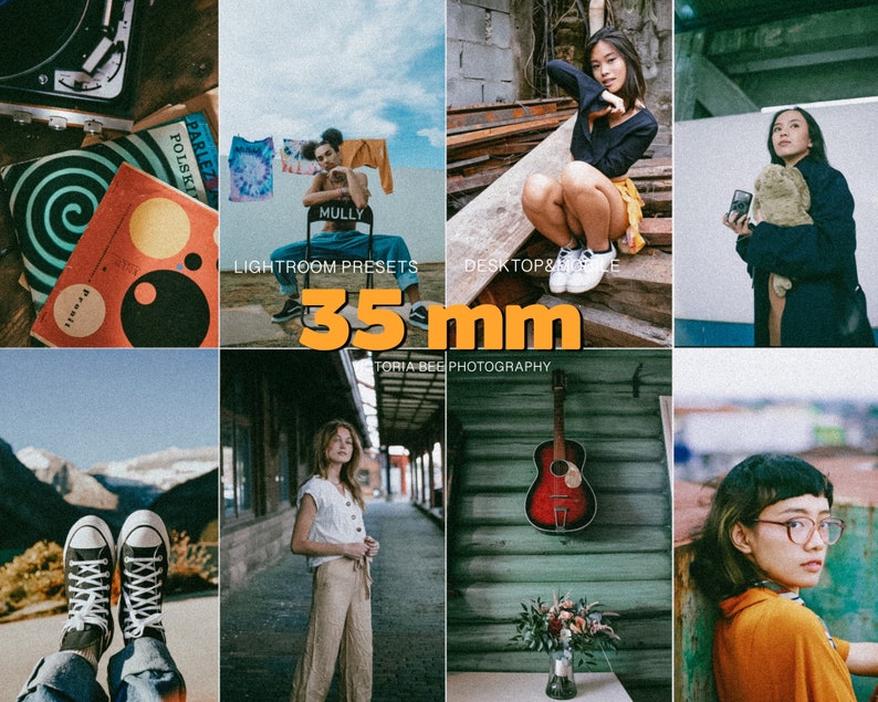 May include: A set of 35mm Lightroom presets for photographers. The presets are designed to give photos a vintage, film-like look. The image shows a variety of photos that have been edited with the presets, including photos of people, landscapes, and objects.
