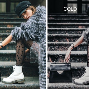 May include: A woman wearing a black cap, a gray fur coat, black tights with white stars, and white boots sits on a set of stairs holding a black handbag. The word "COLD" is written in white text on a gray background.