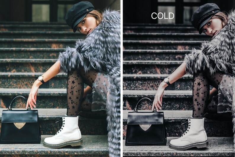 May include: A woman wearing a black cap, a gray fur coat, black tights with white stars, and white boots sits on a set of stairs holding a black handbag. The word "COLD" is written in white text on a gray background.
