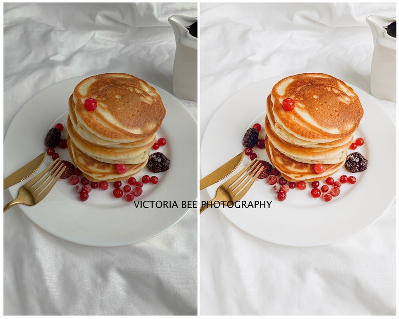 May include: A white plate with a stack of four golden brown pancakes topped with red berries. The plate is on a white surface with two gold forks and a white pitcher.