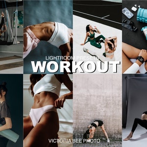 May include: A collage of images featuring people working out in different settings. The images include a woman doing yoga in a studio, a woman doing a workout on a mat, a woman doing a workout in a gym, and a woman doing a workout in a park. The text "Lightroom Presets Workout" is displayed in the center of the collage.