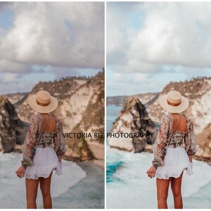 May include: A woman wearing a white skirt and a floral top with long sleeves stands on a cliff overlooking the ocean. She is wearing a straw hat and looking out at the water. The text "VICTORIA BEE PHOTOGRAPHY" is visible in the image.