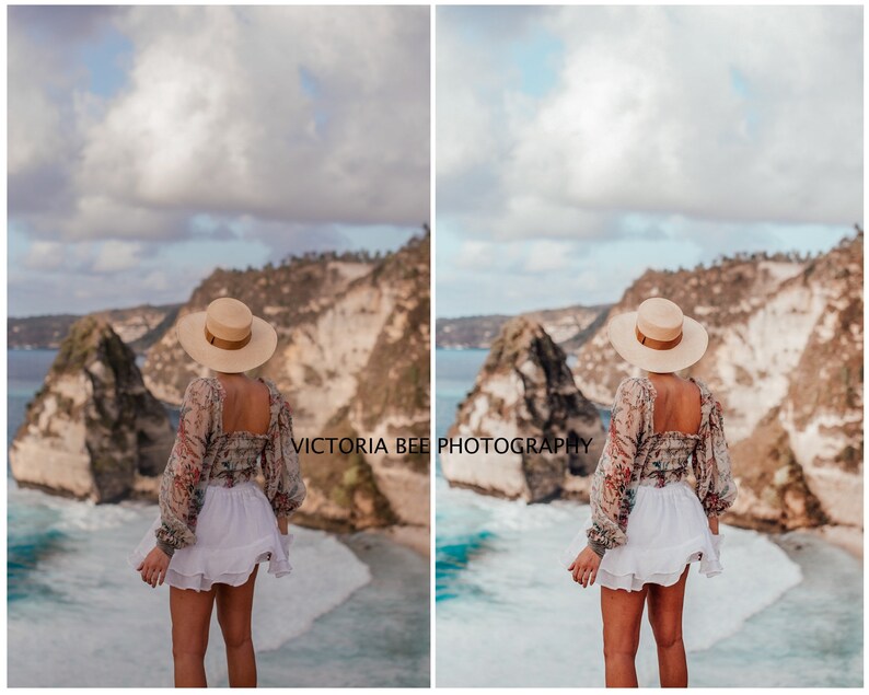 May include: A woman wearing a white skirt and a floral top with long sleeves stands on a cliff overlooking the ocean. She is wearing a straw hat and looking out at the water. The text "VICTORIA BEE PHOTOGRAPHY" is visible in the image.