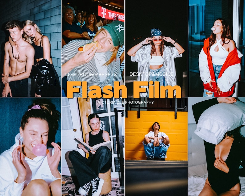 May include: A collage of images featuring people in various settings. The images are styled with a vintage film aesthetic. The text "Lightroom Presets Flash Film Victoria Beel Photography Desktop & Mobile" is displayed in the center of the collage.