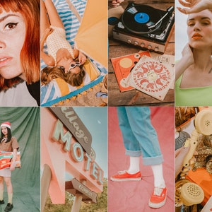 May include: A collage of nine images with a retro aesthetic. The images include a woman with red hair, a woman in a yellow swimsuit, a vintage record player, a woman in a green tank top, a woman in a brown shirt and Santa hat, a motel sign, a pair of red sneakers, and a vintage rotary phone.