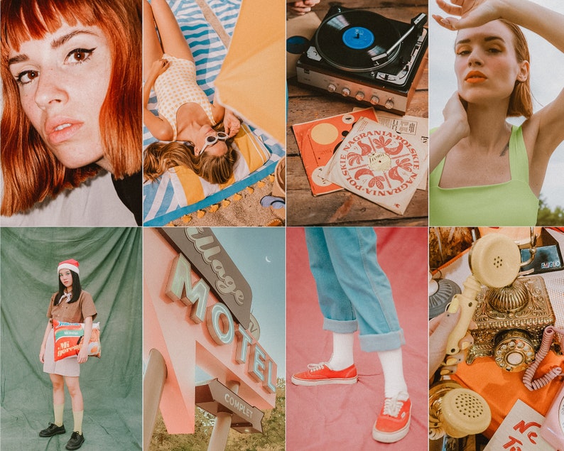 May include: A collage of nine images with a retro aesthetic. The images include a woman with red hair, a woman in a yellow swimsuit, a vintage record player, a woman in a green tank top, a woman in a brown shirt and Santa hat, a motel sign, a pair of red sneakers, and a vintage rotary phone.