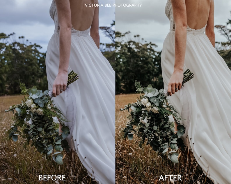 Puede incluir: Una novia con un vestido de novia blanco sostiene un ramo de flores blancas y vegetaci&oacute;n. El ramo est&aacute; compuesto por rosas blancas, eucalipto y otras plantas verdes. La novia camina por un campo de hierba alta.