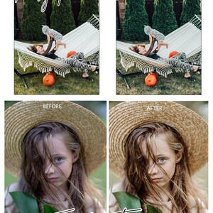 May include: Two images showing before and after photo editing. The first image shows a woman and a child in a hammock with a pumpkin in the foreground. The second image shows the same scene with enhanced colors and lighting. The text "Family Time 5" is at the top of the image.