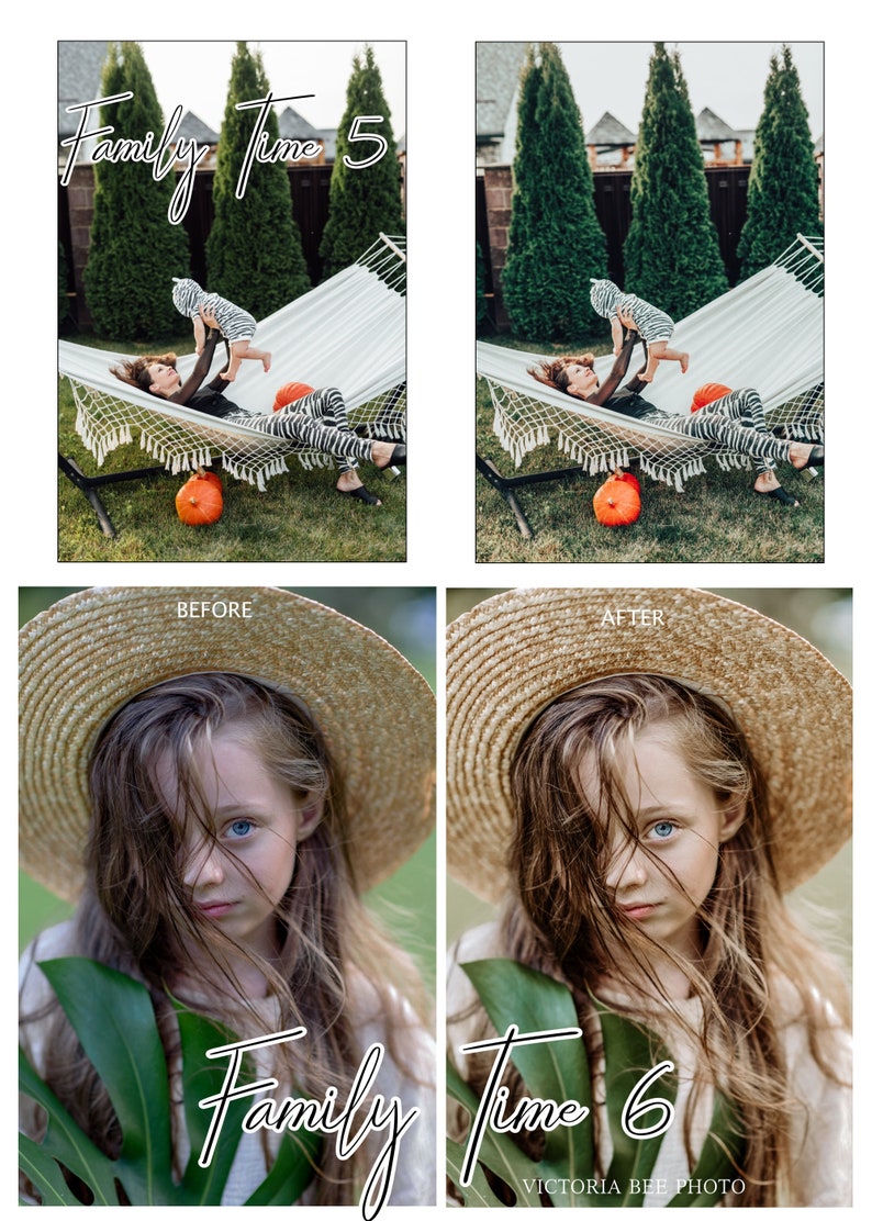 May include: Two images showing before and after photo editing. The first image shows a woman and a child in a hammock with a pumpkin in the foreground. The second image shows the same scene with enhanced colors and lighting. The text "Family Time 5" is at the top of the image.