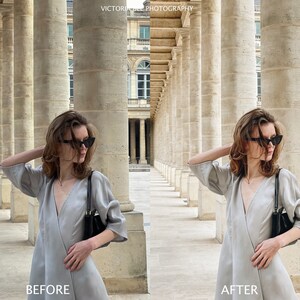 May include: A woman wearing a gray dress and black sunglasses stands in a colonnade. The image is split into two sections, labeled "Before" and "After", showing the difference in the image after editing.