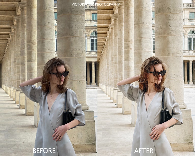 May include: A woman wearing a gray dress and black sunglasses stands in a colonnade. The image is split into two sections, labeled "Before" and "After", showing the difference in the image after editing.
