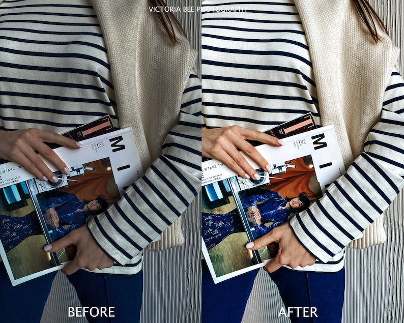 May include: A woman wearing a white and blue striped long-sleeved shirt and blue jeans is holding a magazine with the word "MI" on the cover. The magazine is folded in half and the woman is holding it in front of her.