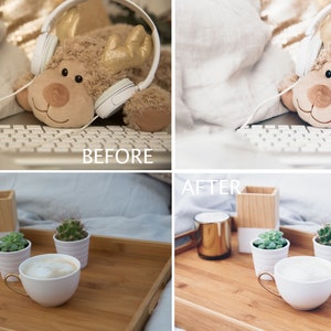 May include: A wooden tray with a white ceramic mug filled with coffee, a gold candle, a wooden pencil holder, and two small potted succulents. The tray is on a light blue blanket.