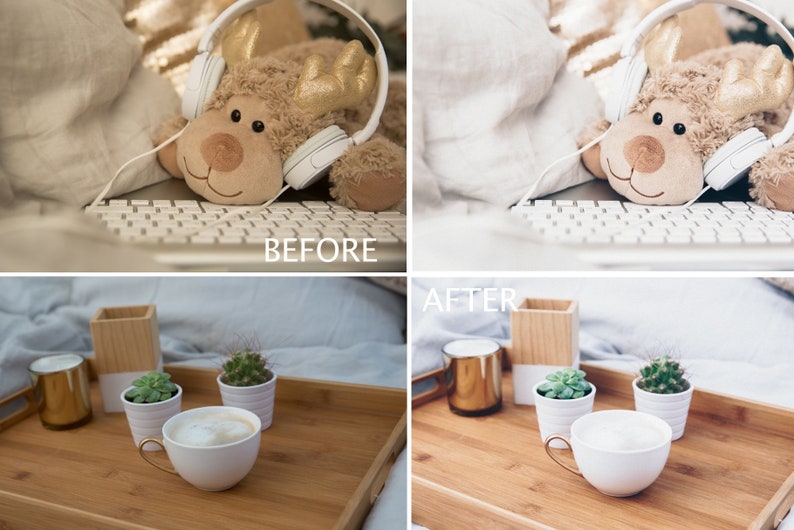 May include: A wooden tray with a white ceramic mug filled with coffee, a gold candle, a wooden pencil holder, and two small potted succulents. The tray is on a light blue blanket.