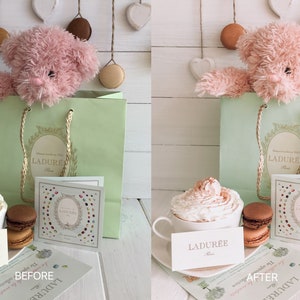 May include: A pink teddy bear peeking out of a green Ladur&eacute;e gift bag. A cup of hot chocolate with whipped cream sits on a white surface next to a Ladur&eacute;e card and macarons. The text "BEFORE" is visible on the bottom of the image.