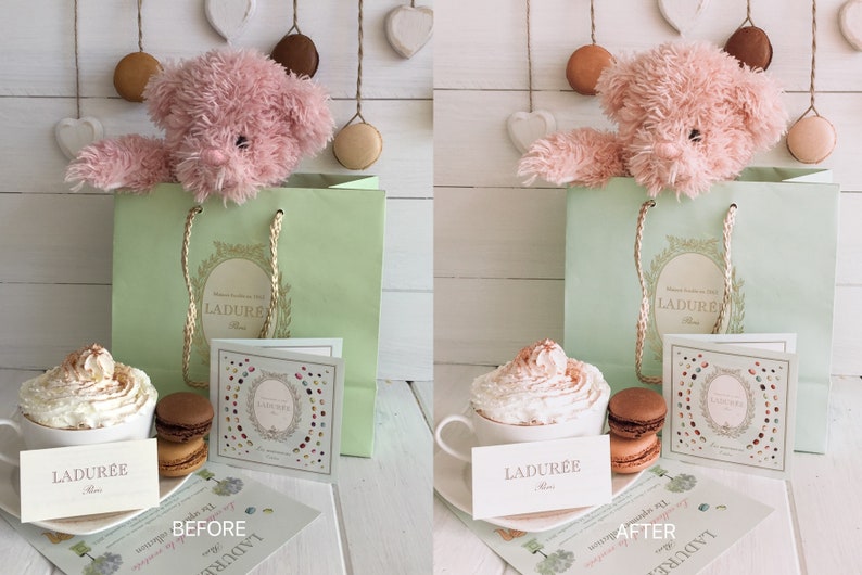 May include: A pink teddy bear peeking out of a green Ladur&eacute;e gift bag. A cup of hot chocolate with whipped cream sits on a white surface next to a Ladur&eacute;e card and macarons. The text "BEFORE" is visible on the bottom of the image.