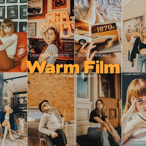 May include: A collection of Lightroom presets called "Warm Film" by Victoria Bee Photography. The presets are designed to give photos a warm, vintage look. The image shows several examples of how the presets can be used to edit photos.