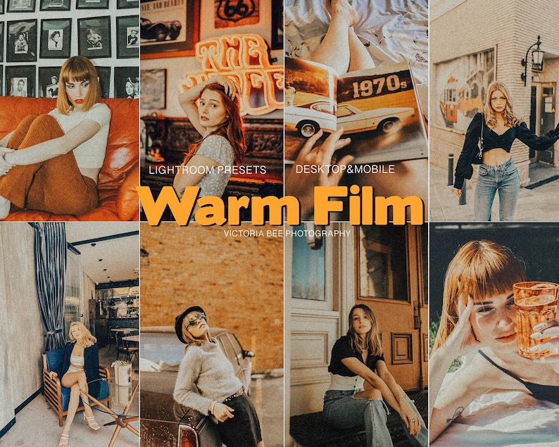 May include: A collection of Lightroom presets called "Warm Film" by Victoria Bee Photography. The presets are designed to give photos a warm, vintage look. The image shows several examples of how the presets can be used to edit photos.