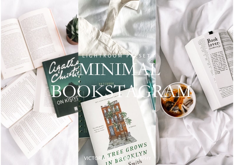 May include: A flat lay image of a bookstagram setup with a white background. The image features a book titled "A Tree Grows in Brooklyn" by Victoria Smith, a notebook with the text "Minimal Bookstagram", a cup of coffee, and a book with the text "Agatha Christie" on the cover.