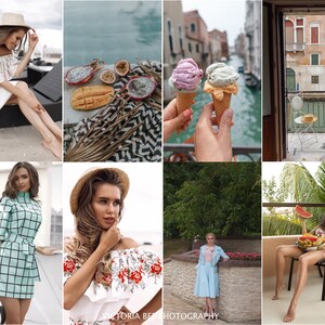 May include: A collage of images featuring women in various settings. The first image shows a woman wearing a white dress and a straw hat sitting on a deck chair. The second image shows a plate of fruit with passion fruit and mango. The third image shows two ice cream cones with pink and green ice cream. The fourth image shows a view from a window of a canal in Venice. The fifth image shows a woman wearing a blue and white checkered dress. The sixth image shows a woman wearing a white off-the-shoulder dress with floral embroidery. The seventh image shows a woman wearing a blue dress and a pink jacket standing in a park. The eighth image shows a woman wearing a pink bikini sitting on a chair with a plate of fruit.