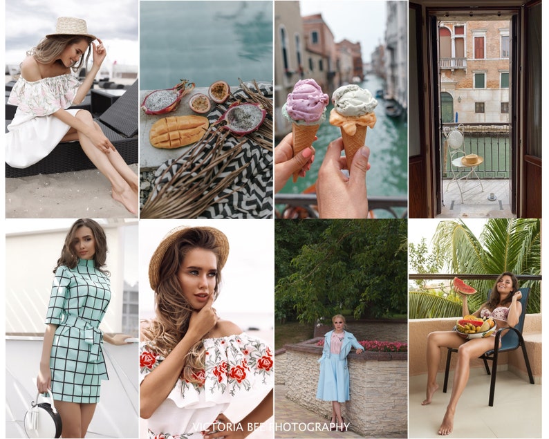 May include: A collage of images featuring women in various settings. The first image shows a woman wearing a white dress and a straw hat sitting on a deck chair. The second image shows a plate of fruit with passion fruit and mango. The third image shows two ice cream cones with pink and green ice cream. The fourth image shows a view from a window of a canal in Venice. The fifth image shows a woman wearing a blue and white checkered dress. The sixth image shows a woman wearing a white off-the-shoulder dress with floral embroidery. The seventh image shows a woman wearing a blue dress and a pink jacket standing in a park. The eighth image shows a woman wearing a pink bikini sitting on a chair with a plate of fruit.