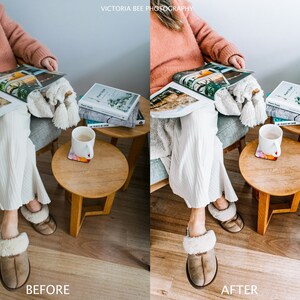 May include: A woman sits in a chair with a magazine and a cup of coffee on a side table. The table is made of wood and has a round top. The woman is wearing white pants and a pink sweater. The room is decorated in a minimalist style.