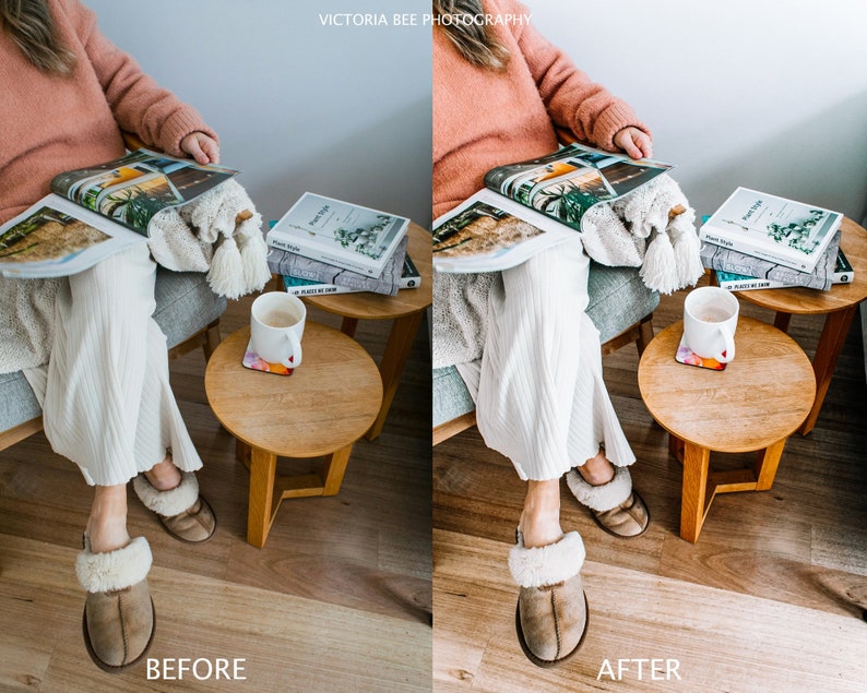 May include: A woman sits in a chair with a magazine and a cup of coffee on a side table. The table is made of wood and has a round top. The woman is wearing white pants and a pink sweater. The room is decorated in a minimalist style.