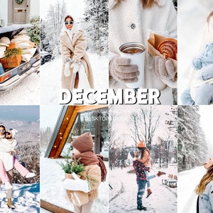 May include: A collage of wintery scenes featuring a woman in a white coat, a couple in a snowy forest, a child holding a potted plant, a baby in a carrier, and a woman in a blue jacket. The text "DECEMBER" is displayed in bold letters.